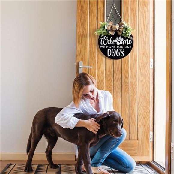 Welcome We Hope You Like Dogs Door Sign with Eucalyptus Leaves & Buffalo Bow - Picture 4 of 7